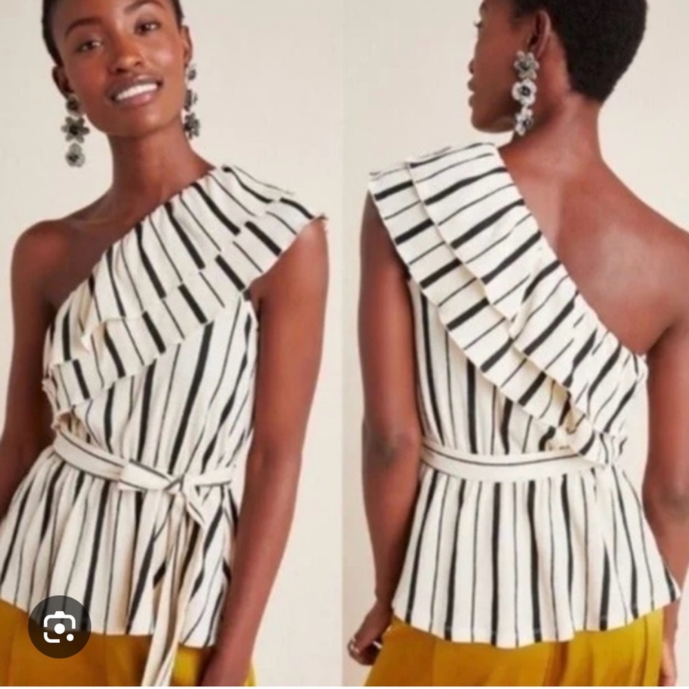Anthropologie Maeve Black & Cream Striped One-Shoulder Ruffle Top